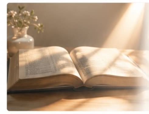 Biblia iluminada por la luz del sol junto a flores
