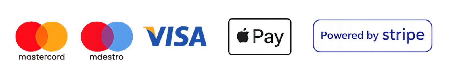 Métodos de pago aceptados: Mastercard, Maestro, Visa, Apple Pay, Stripe